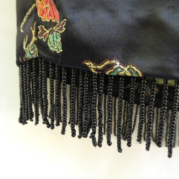 Vintage 90s Clio Black Satin Skirt Asian Dragons Floral Embroidery Bead Fringe 8 - Picture 3 of 12